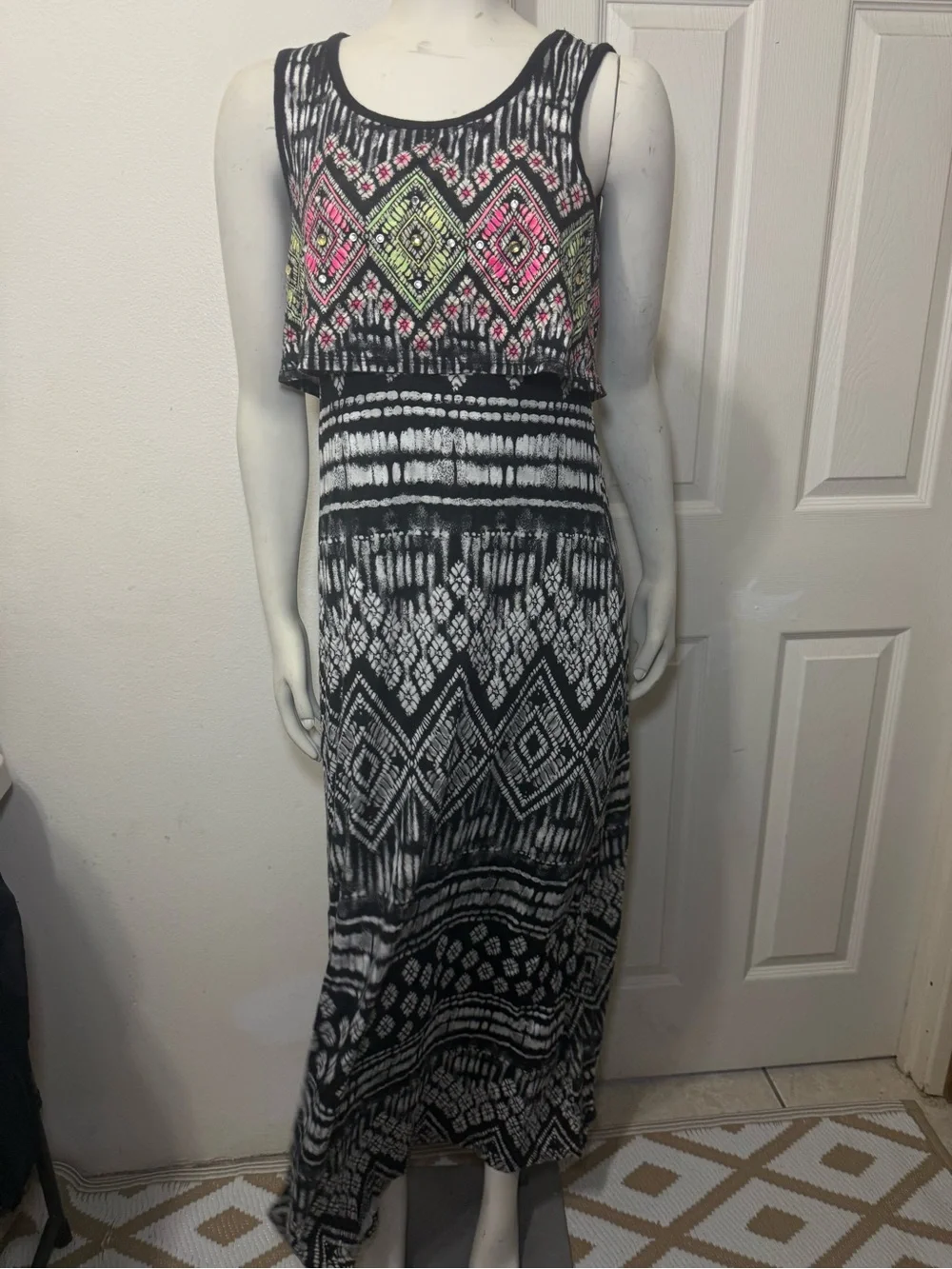 Justice Black/White Geometric Scoop Neck Layered Stretch Maxi Dress Teens 18